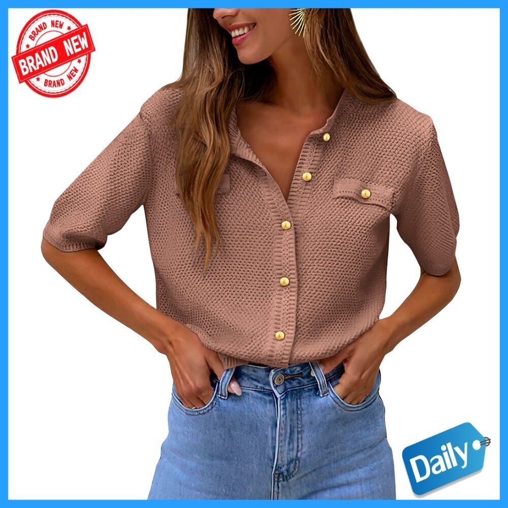 Women's Short Sleeve Button Down Knit Blouse Ribbed Crew Neck Top